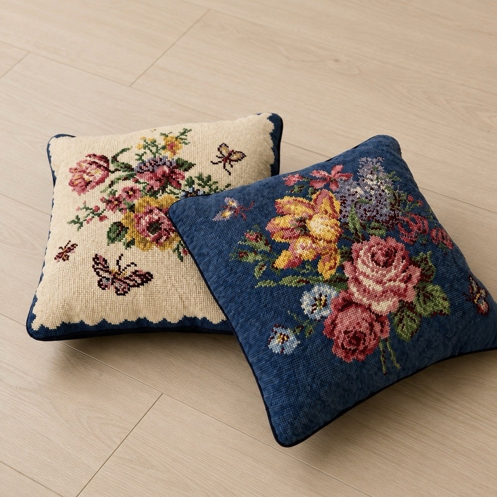 Vintage Williamsburg Floral Butterfly Needlepoint Blue Velvet Pillow Set of 2